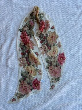 Vintage Laura Ashley Floral 100% Silk Scarf in Cream, Pink & Green